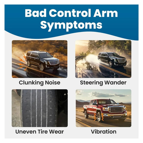 Image showing symptoms of bad control arm: clunking noise, steering wander, uneven tire wear, and vibration on vehicles.