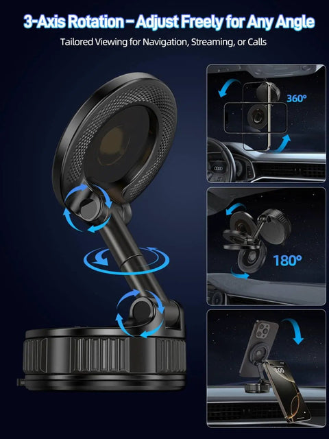 Rock Solid Vacuum Lock 60 Plus Lbs Suction Car Phone Mount With 2800gf Magnetic Grip 360 Degree Adjustable Holder shown installed on dashboard.