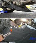 Before and after images showing Four Sets Built Like A Tank Radiator Splash Shield Quarter Turn Thumb Screws With Stainless Steel Clip Nuts for Ford vehicles.