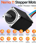 Angled front view of Nema 11 stepper motor with square flange and 4-wire cable