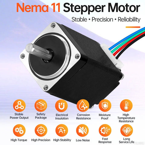 Angled front view of Nema 11 stepper motor with square flange and 4-wire cable