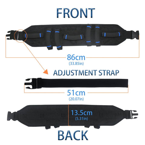 All In One Gait Belt For Seniors With Seven Handles For Safe Patient Transfers Grab And Go Quick Release Buckle Medical Lift Strap Nursing Safety Belt For Physical Therapy, showing front and back views with measurements