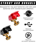 Pro Grade Performance Quick Release Top Post Battery Terminal Clamps With Weatherproof Boots and Heavy Duty Pure Copper Design for No Sweat Hookups on All Rides, red and black clamps shown.