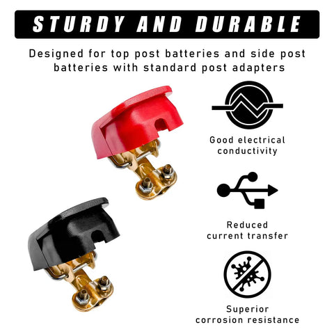 Pro Grade Performance Quick Release Top Post Battery Terminal Clamps With Weatherproof Boots and Heavy Duty Pure Copper Design for No Sweat Hookups on All Rides, red and black clamps shown.