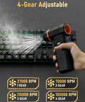 Electric Air Duster With 180000 RPM Brushless Motor used on keyboard, showing 4-speed adjustable settings and LED display.