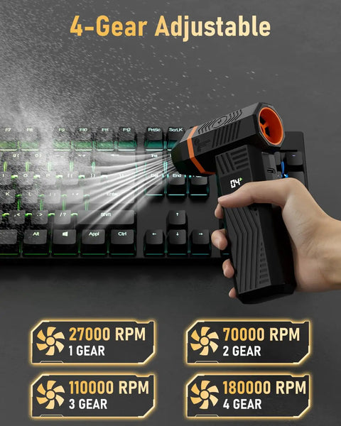 Electric Air Duster With 180000 RPM Brushless Motor used on keyboard, showing 4-speed adjustable settings and LED display.