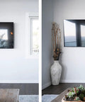 Comparison of mounted TV with visible cords vs. hidden cords using Ultra Thin Outlet Concealer Kit For Mounted TV With Cord Concealer.