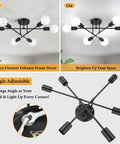Six Light Modern Chandelier In Black with adjustable arms, 22 Inch Semi Flush Mount showcasing on and off settings