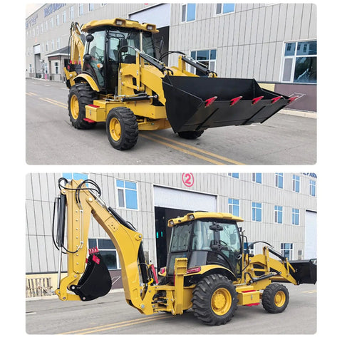 Compact Backhoe Loader With Front Loader And Rear Excavator Arm Towable Mini Wheel Digger For Construction Farm And Rural Projects displayed on pavement