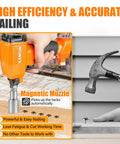 Person using Dope Lightweight Pneumatic Decorative Nailer For Upholstery And Furniture With Nail Size Nine Point Six To Twenty Point Three Millimeters And Head Diameter Three Eighths Inch To Three Quarters Inch Low Recoil Finish Nailer With Easy Trigger For Sofa, next to a manual hammer on a wooden surface.