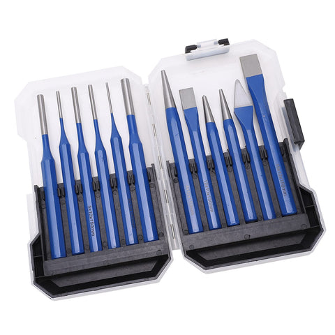 Pro Grade 12 Piece Chisel Punch Kit With Cylindrical Conical And Flat Center Punches Heavy Duty CRV V Steel in white plastic box