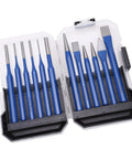 12 Piece Heavy Duty Chisel Punch Kit With Crv Vanadium Steel Tools, Blue Grip Handles For Precision Engraving Metal Woodworking And Carving Tasks Comes In Lockable Case. 12-piece blue-handled punch set in lockable case