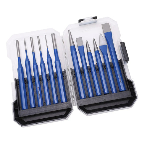 12 Piece Chisel Punch Kit For Engraving And Punching With Conical Cylindrical Flat Chisels In CRV V Steel Pro Grade Tough storage case