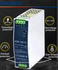 Beefed-Up Industrial 12V DC DIN Rail Power Supply 120W 10A, 100-240VAC Input, Ultra Slim Switching Converter With Low Ripple And Noise For Automation Controllers, High Efficiency, Rugged Industrial Grade, white metal housing with terminals