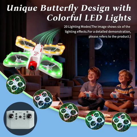 Kid Friendly Mini Drone With 720P Camera For Beginners And Teens, colorful LED lights, flying above kids indoors.