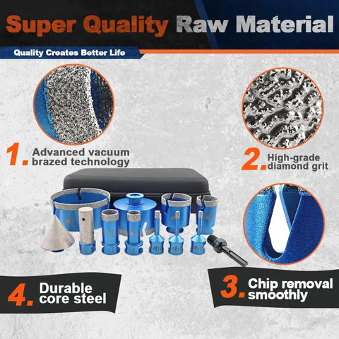 Heavy Duty Diamond Core Drill Bit Set That Runs Cool And Cuts Clean Through Porcelain Tile Ceramic Marble Granite Brick And Concrete Without Any Drama Or Waiting Around, displayed with advanced vacuum brazed technology.