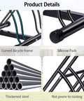 Close-up details of dual bike rack showing thickened steel tubes, curved bicycle frame, silicone pads, and rust-resistant coating.