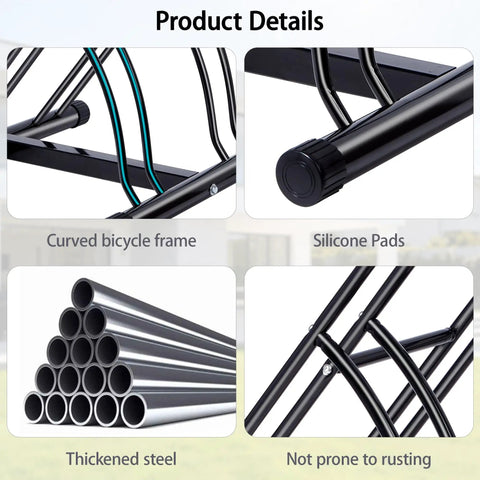 Close-up details of dual bike rack showing thickened steel tubes, curved bicycle frame, silicone pads, and rust-resistant coating.