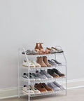 Four Tier Wire Shoe Rack White Simple Assembly Holds Up To 12 Pairs Of Shoes In Bedroom Or Closet Heavy Duty Metal Build With Rubber Feet