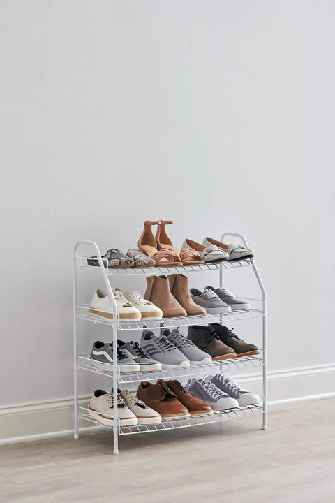 Four Tier Wire Shoe Rack White Simple Assembly Holds Up To 12 Pairs Of Shoes In Bedroom Or Closet Heavy Duty Metal Build With Rubber Feet