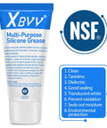 Xbvv silicone grease tube with NSF logo, clear food-grade lubricant for plumbing DIY tasks; text listing features and benefits.