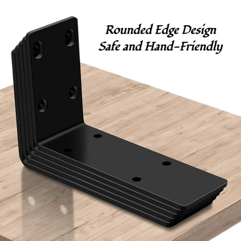 Heavy Duty Floating Shelf Brackets In Black For Wood Shelves Hidden L Brackets with rounded edge design shown on wood