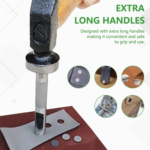 Demonstration of Eleven Piece Leather Craft Pro Grade Punch Tool Kit With Snap Fastener Setter And Rivet Die Set punching holes in leather
