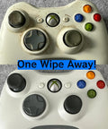 Comparison of dirty and clean white gaming controller, highlighting effectiveness of Alcohol Free Cleaning Wipes For Hearing Aids And Tech.