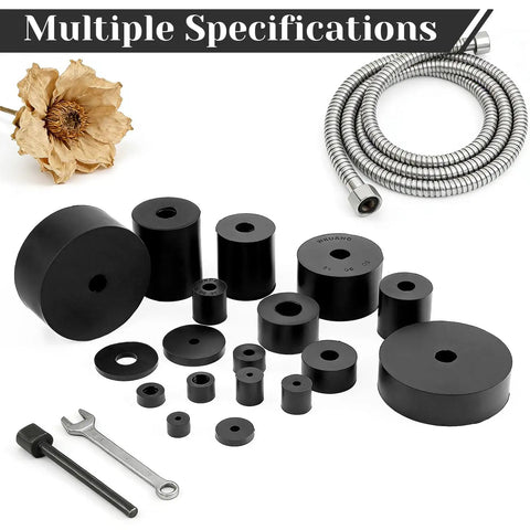 Heavy Duty Black Rubber Spacers 8 Pack 1 Inch Thick 5 16 Bore Solid Industrial Cushion Blocks For Cars And Diy Projects Multi Purpose Vibration Isolators Flexible Polymer Quick Swap Zero Jitter Installation Real Deal For Home Workshops showing various rubber blocks and tools.