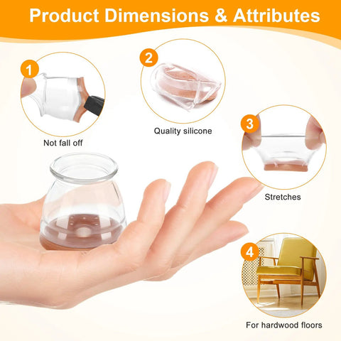 Hand holding a silicone chair leg protector showing 48 Pack Silicone Chair Leg Floor Protectors With Felt Pads And Caps For Hardwood Floors Universal Small Size Quiet Glide Scratch Prevention Noise Reduction Easy Sliding For Wood Furniture attributes