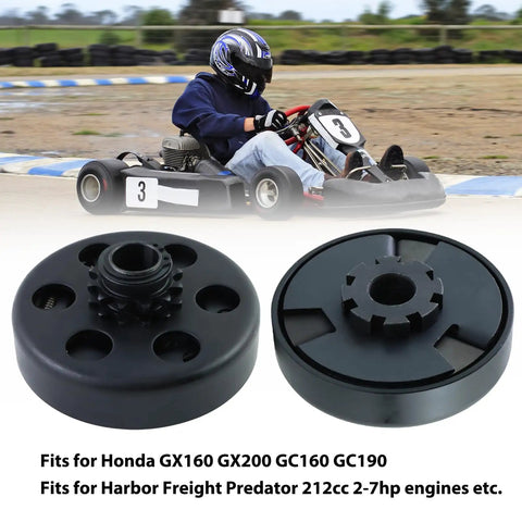 Go Kart Clutch 12 Tooth Three Quarter Inch Bore with Centrifugal Clutch 12T and Five Foot Chain Fits Honda GC160 GC190 GX120 GX140 GX160 GX200 and Predator 212 Engines Great For Mini Bikes And Go Karts shown with go-kart racer.