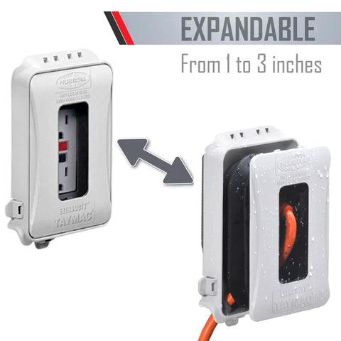 Heavy Duty 1-Gang Weatherproof In-Use Expandable Outlet Cover with Flat Nonmetallic Design, 1 to 3 inch expansion demonstration