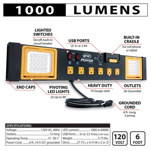 Heavy Duty Commercial Grade Power Station With Six Outlets And Two USB Ports Built In Cradle And Pivoting 1000 Lumen LED Lights
