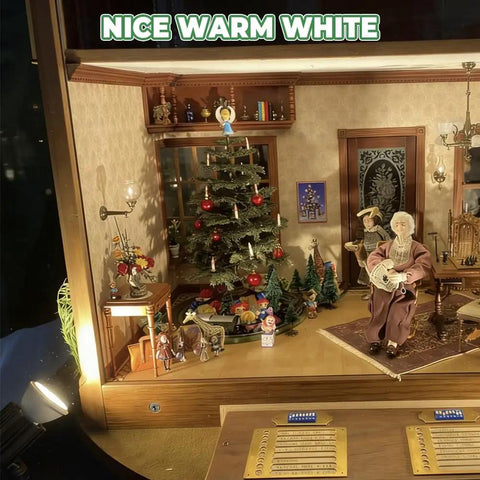 Miniature Christmas scene with tree and elderly doll in warm lighting from Top Notch MR11 GU4.0 BiPin LED Bulb 3W 12V AC DC Spotlight