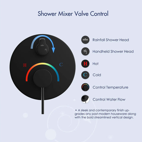 Image showing shower mixer valve control with temperature and water flow options on 10 Inch Matte Black Round Rain Shower Set With Wall Mounted Rainfall Head And Handle Trim Kit, 2-Function Shower Fixtures For Modern Bathrooms, Spa Worthy Rain Experience, Easy Installation.