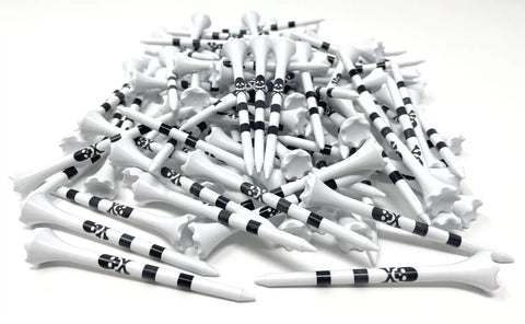 Pile of Skull And Crossbones Golf Tees, 3 1/4 Inch Plastic Tees With Black Stripes, Durable 6 Prong Cup, Keeps Ball Deep And Consistent, 100 Tees Bulk
