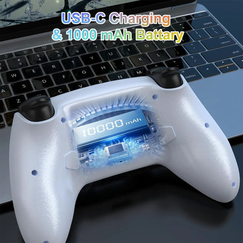 Wireless Game Controller For P5 And PC Steam Deck Programmable Buttons Vibration 6 Axis Sensor Built In Speaker Mute Function 3.5mm Headphone Jack Touch Pad LED Light Bar And Audio Output White on laptop