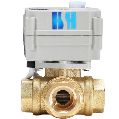 Front view of 12V DC Motorized Brass Ball Valve With L Port, Three Way, NPT Inlet, Position Feedback, Reverse Polarity On Off