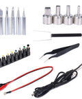 Accessory set for Three In One Hot Air Rework Soldering Station with DC Power Supply; nozzles, iron tips, tweezers, cables.