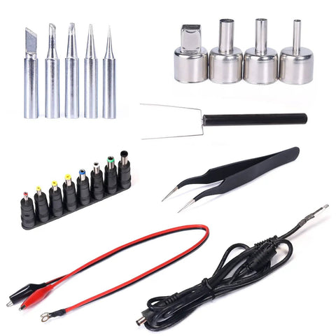 Accessory set for Three In One Hot Air Rework Soldering Station with DC Power Supply; nozzles, iron tips, tweezers, cables.