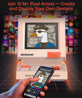 Mini Retro PC Style Speaker With Pixel Screen And DIY Faces Bluetooth And USB Audio Alarm Clock And White Noise The Dope Desk Buddy in use with smartphone, showing DIY face display.