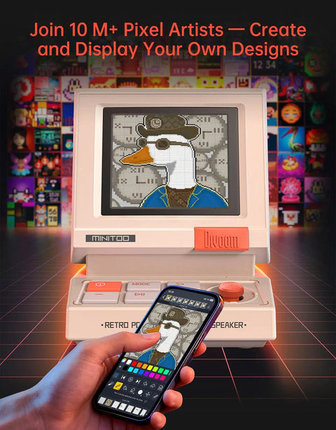 Mini Retro PC Style Speaker With Pixel Screen And DIY Faces Bluetooth And USB Audio Alarm Clock And White Noise The Dope Desk Buddy in use with smartphone, showing DIY face display.