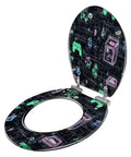 Toilet Seat with Lid, Bathroom in black with colorful gaming graphics, unique design, versatile size compatibility.