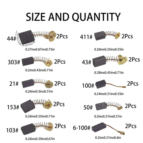 20 Piece Carbon Brush Kit For Electric Motors With 10 Sizes For Quick Replacement And Tool Repair Graphite Copper Conductive Set displayed