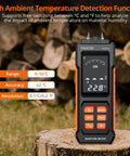 Professional Pin Moisture Meter Tailored With Dual Settings For Wood Lumber And Drywall Panels Alongside Standard Construction Frames Using Rugged Alloy Needle Probes on a wood backdrop.