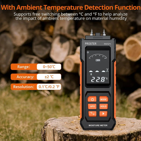Professional Pin Moisture Meter Tailored With Dual Settings For Wood Lumber And Drywall Panels Alongside Standard Construction Frames Using Rugged Alloy Needle Probes on a wood backdrop.