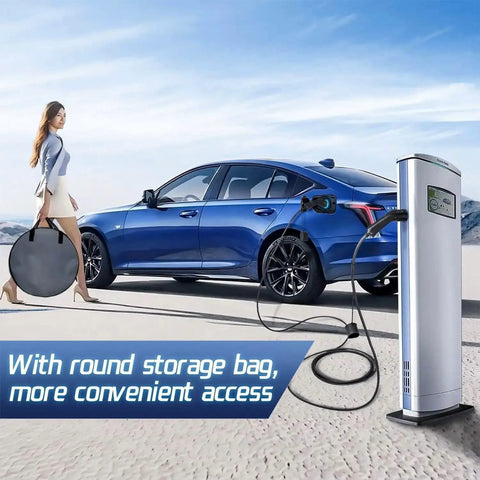 Premium Type 2 To Type 1 EV Charging Cable 5 Meter Heavy Duty Electric Vehicle Extension Cord connected to a blue car outdoors.