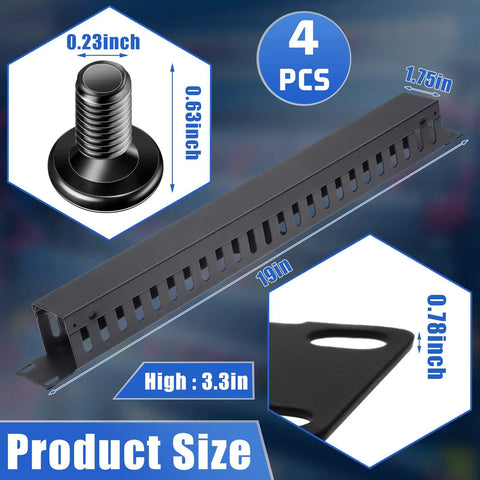 4 Pack 1U 24 Slot Horizontal Rack Cable Management Kit With Metal Finger Duct Organizer, Cover And Mounting Screws For 19 Inch Server Racks And Network Cabinets image showing dimensions and details.