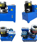 Tough As Nails Electric Hose Crimper And Hydraulic Pipe Press With Forged Steel Head 3600Kn Force 10 Die Sets 220V Power Professional Workhorse For Job Site Setup in blue with control panel.