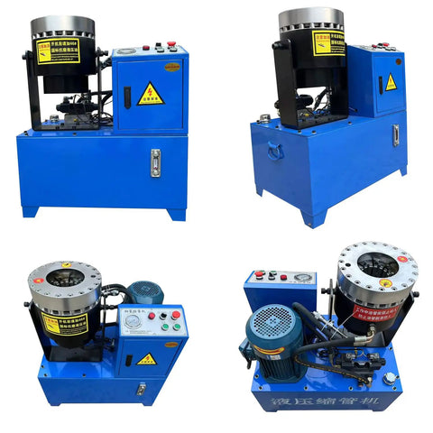 Tough As Nails Electric Hose Crimper And Hydraulic Pipe Press With Forged Steel Head 3600Kn Force 10 Die Sets 220V Power Professional Workhorse For Job Site Setup in blue with control panel.